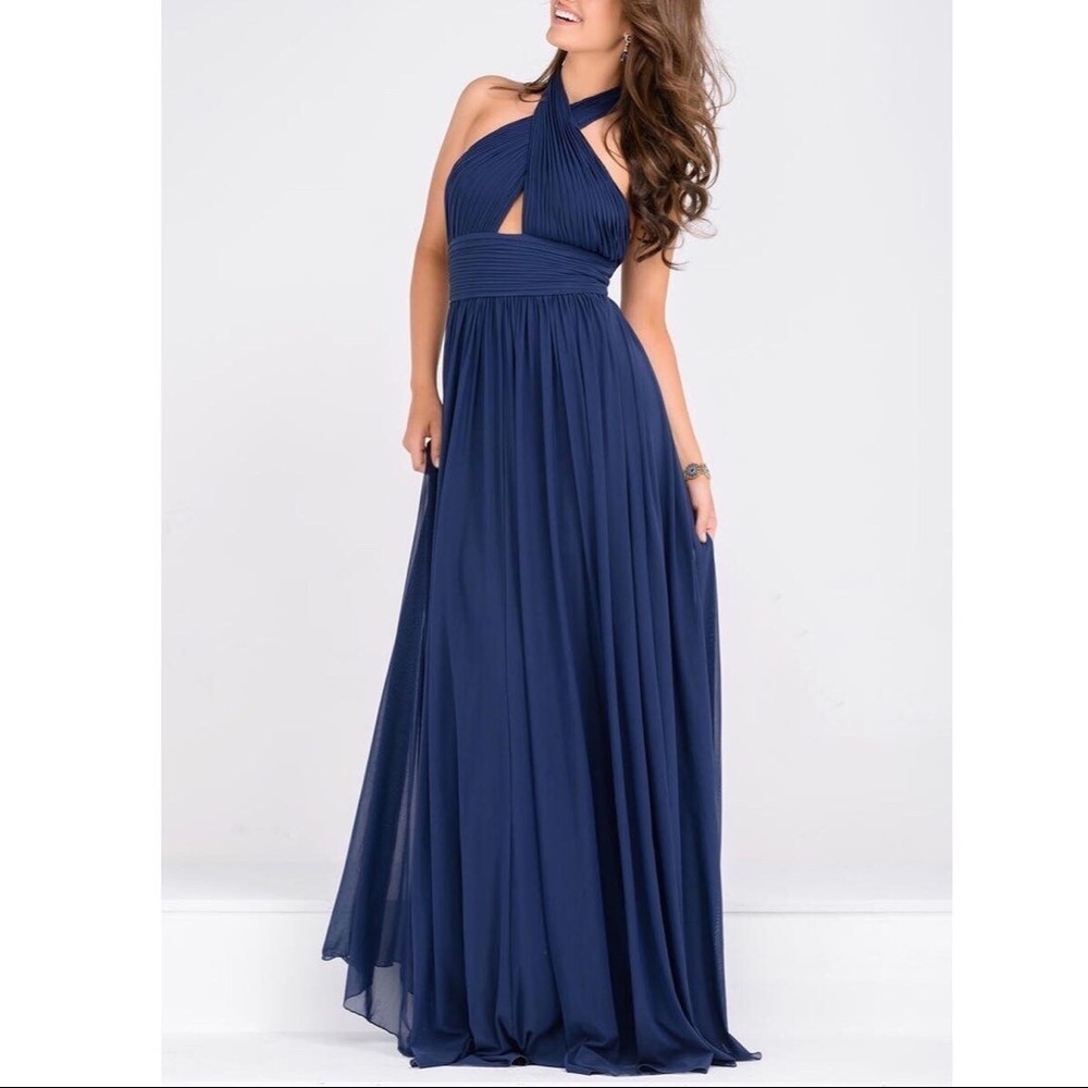 Halter Neck Navy Ruched Bodice Empire Waist Dress - Picture 1 of 2
